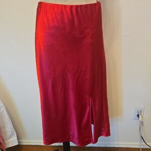 Satin Midi Skirt in Vibrant Red with Front Kick Slit